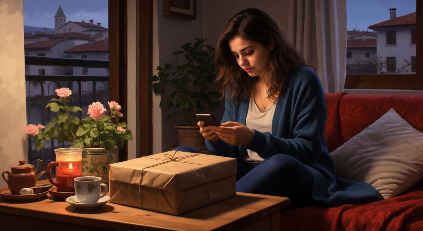 A young woman in a cozy Turkish home eagerly checks her phone while a package wrapped in brown paper sits on her wooden coffee table, surrounded by a half-drunk cup of çay.