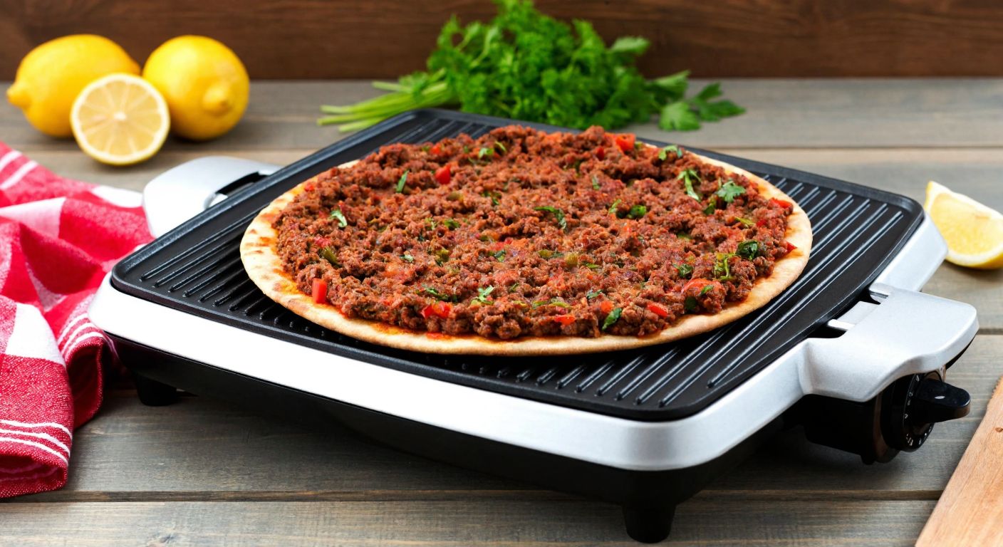 A traditional Turkish lahmacun sizzling on a Silex toaster-grill, with golden edges and minced meat topping, surrounded by fresh parsley and lemon wedges on a rustic wooden table.
