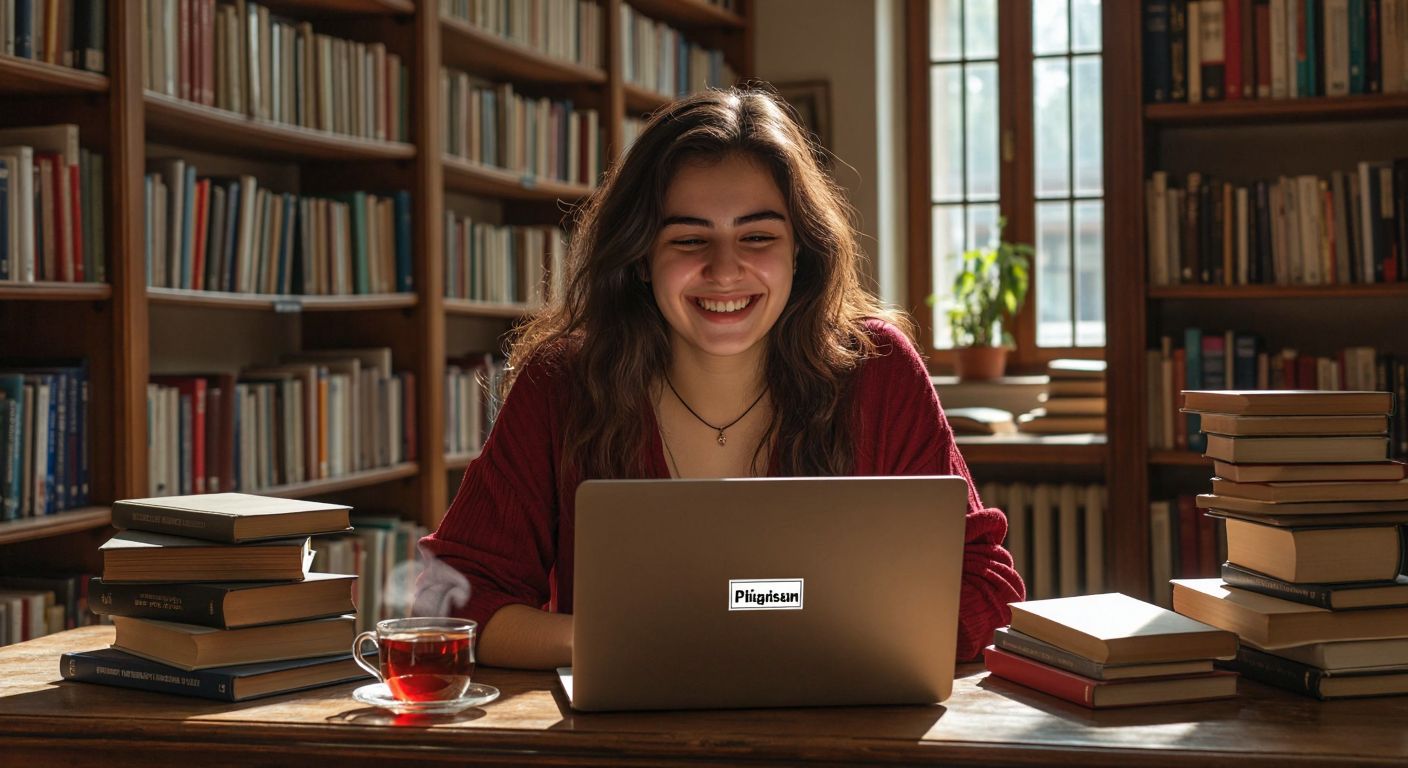 A cheerful student in a Turkish university library, relieved and smiling while viewing a plagiarism report on a laptop screen, surrounded by stacks of books and a steaming cup of çay.