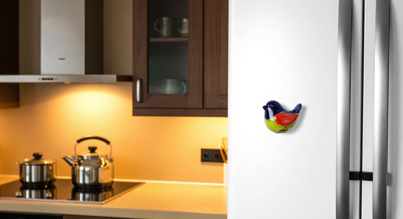 A colorful ceramic bird magnet sits on a sleek white refrigerator door, adding a cheerful touch to a cozy Turkish kitchen with warm wooden cabinets and a pot of çay steaming on the counter.