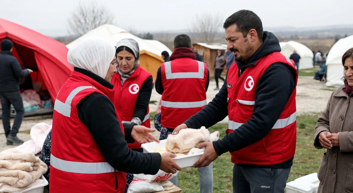 A group of Turkish Red Crescent volunteers in red vests distributing warm meals and blankets to elderly people in a disaster-stricken village, with a backdrop of tents and medical supplies.