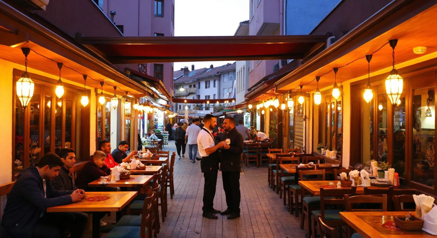 A cozy Turkish restaurant with wooden tables and a warm glow from hanging lanterns, nestled on a bustling street in Bolu, where a waiter serves sizzling kebabs to smiling customers.