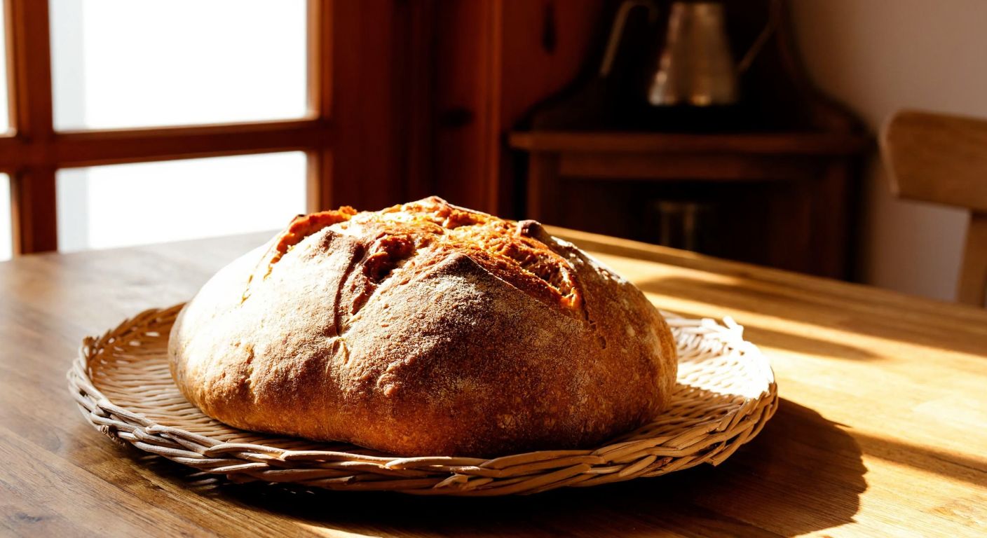 A rustic wooden table in a Turkish kitchen holds a freshly baked whole wheat loaf on a woven tray, with warm sunlight streaming through the window.