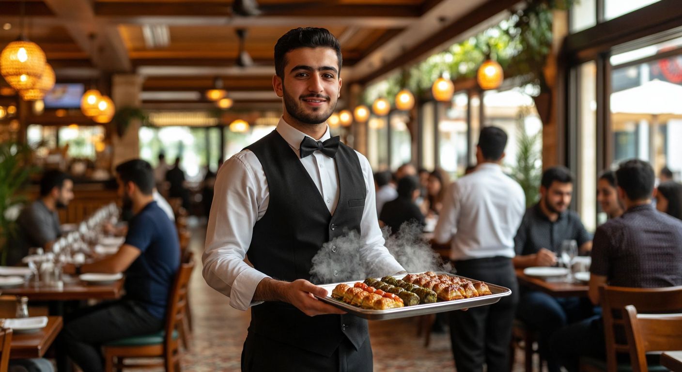 A well-dressed head waiter in a Turkish restaurant confidently oversees a bustling dining area, guiding junior staff while presenting a tray of steaming kebabs and baklava to delighted guests.