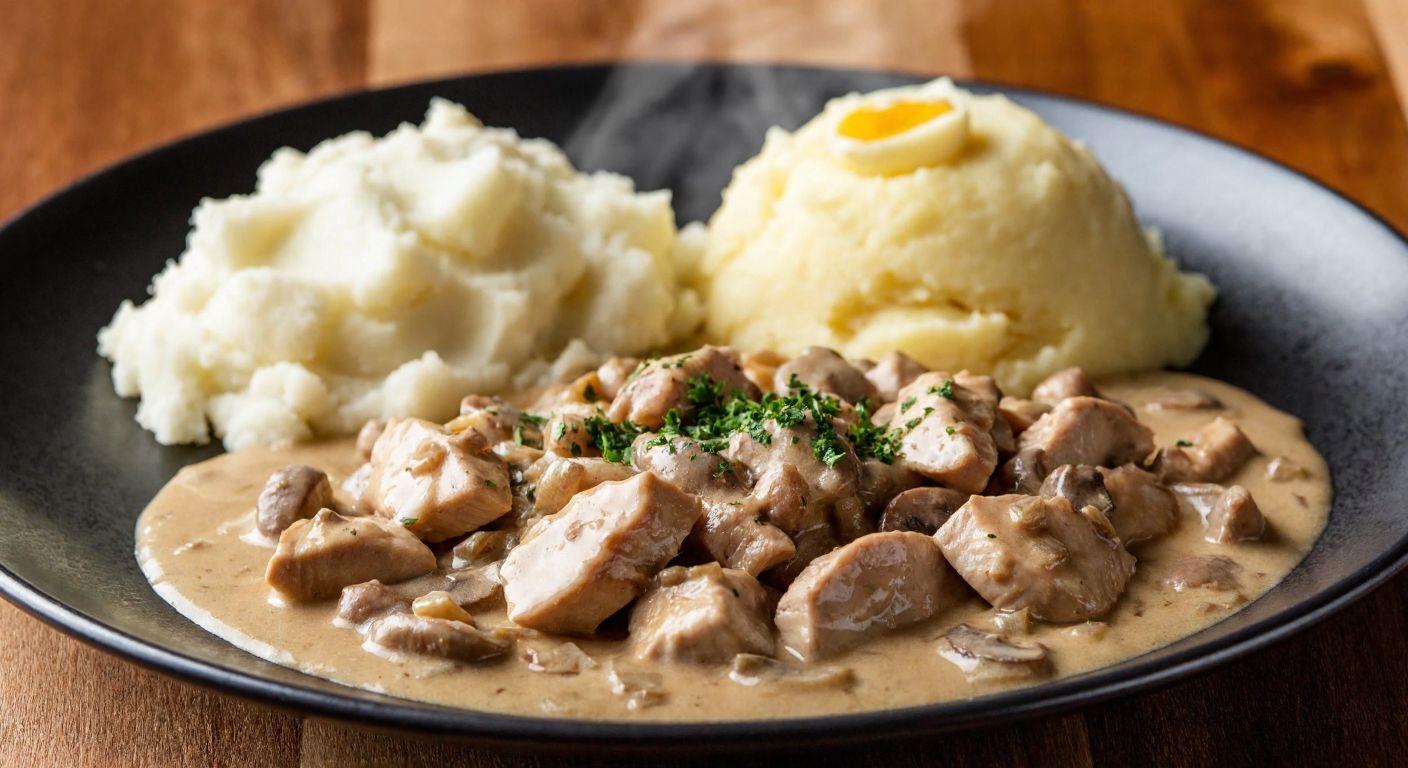A steaming plate of creamy chicken stroganoff with tender strips of meat in a rich sauce, served alongside a fluffy mound of mashed potatoes and a side of buttery rice, evoking warmth and comfort.