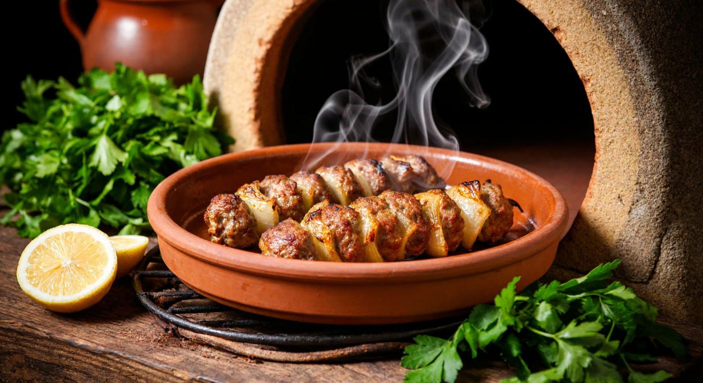 A golden-brown garlic kebab sizzling in a clay dish inside a traditional Turkish oven, surrounded by fresh herbs and sliced lemons, with steam rising invitingly.