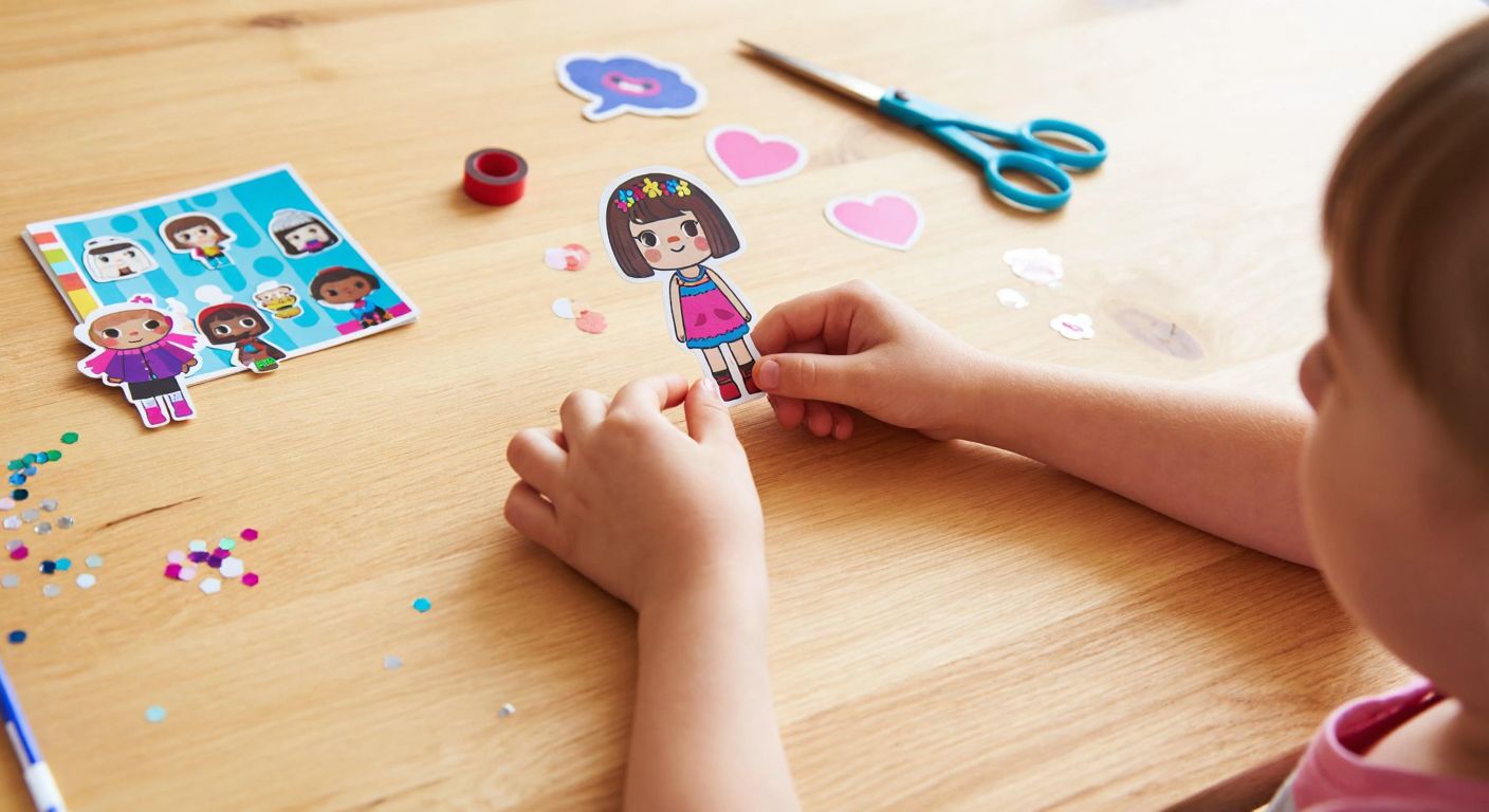 A child’s hands carefully cutting out a colorful Toca Boca paper doll from thick cardstock on a wooden table, surrounded by scattered glitter, stickers, and scissors, with a bright, playful expression of concentration on their face.