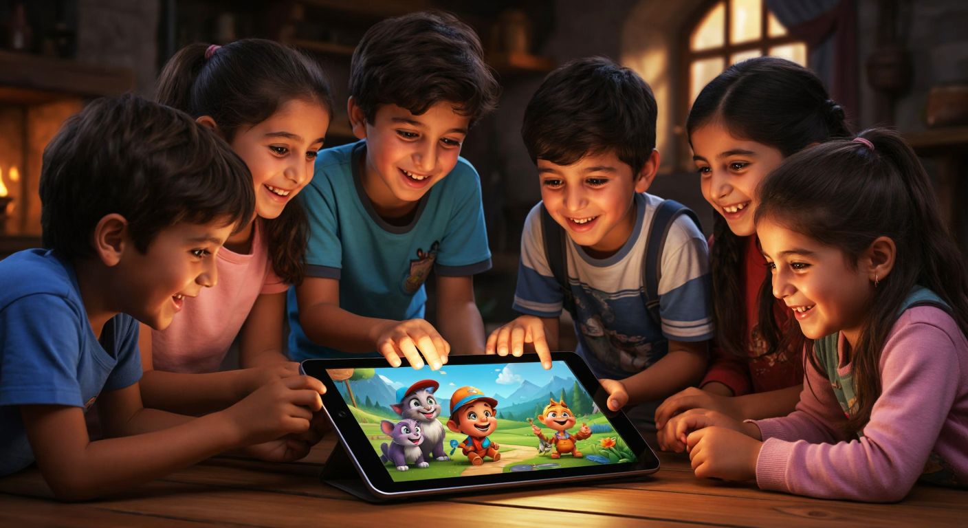 A group of smiling Turkish children gathered around a colorful tablet, their eyes wide with excitement as they interact with an animated educational game featuring playful characters and vibrant landscapes.
