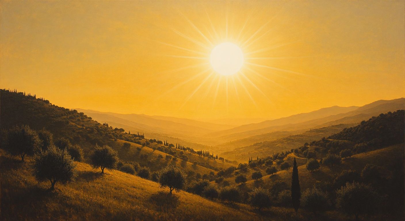 A radiant white sun shines in the vast darkness of space, while below, a warm golden-yellow sun hovers over a Turkish landscape with rolling hills and scattered olive trees, its light diffused through the hazy atmosphere.