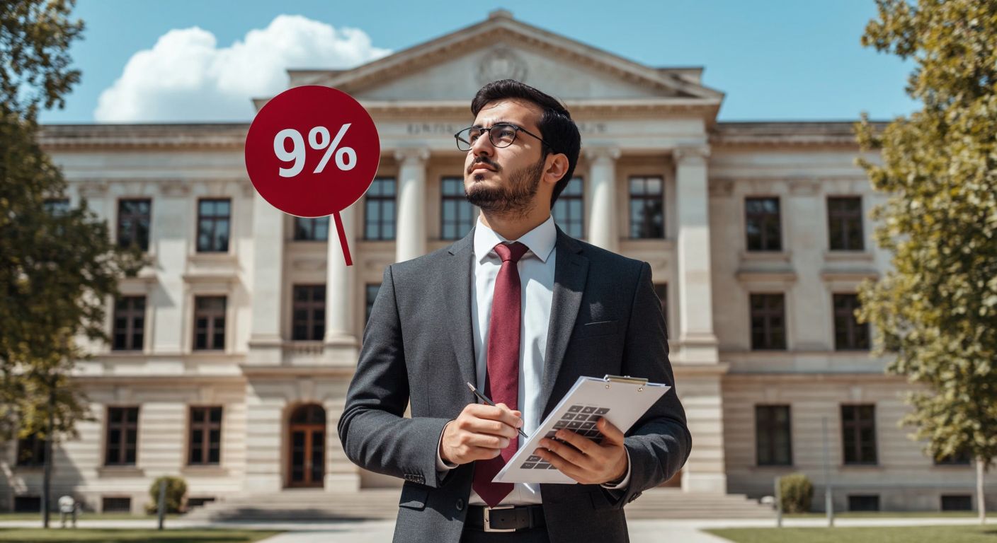 A Turkish academic in a formal suit stands in front of a university building, holding a calculator and a document with graphs, while looking thoughtfully at a large percentage sign floating in the air.