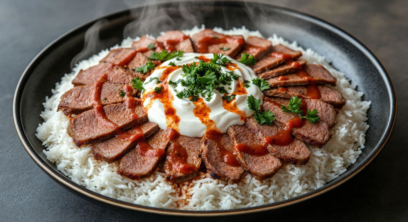 A steaming plate of rice topped with thinly sliced döner meat, drizzled with a rich tomato-based sauce, a dollop of creamy yogurt, and a swirl of spicy red pepper sauce, garnished with fresh parsley.