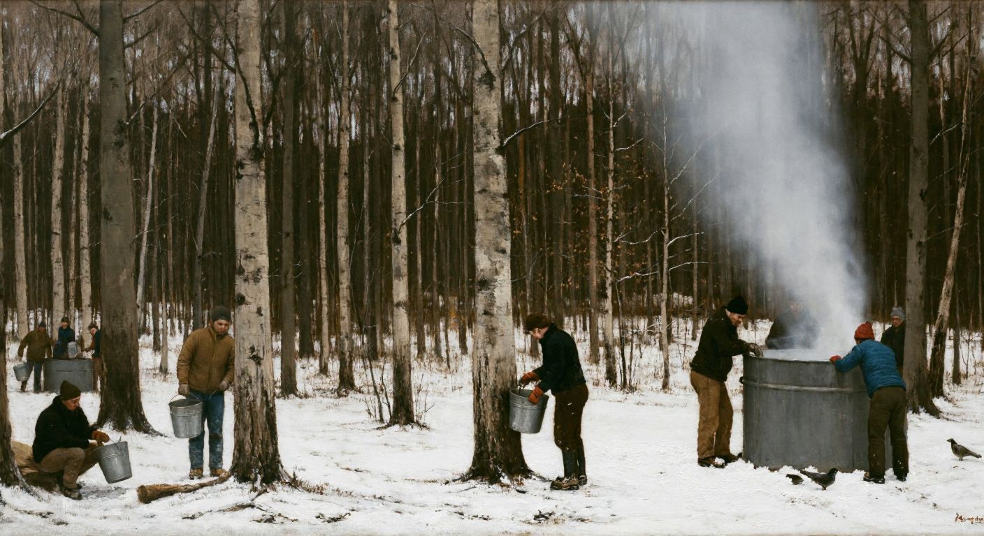 A snowy forest in early spring with workers in warm clothing tapping maple trees, collecting sap in metal buckets, and steam rising from a large boiling vat nearby.  

(Note: The context is North American, as maple syrup harvesting is not traditionally associated with Turkey.)