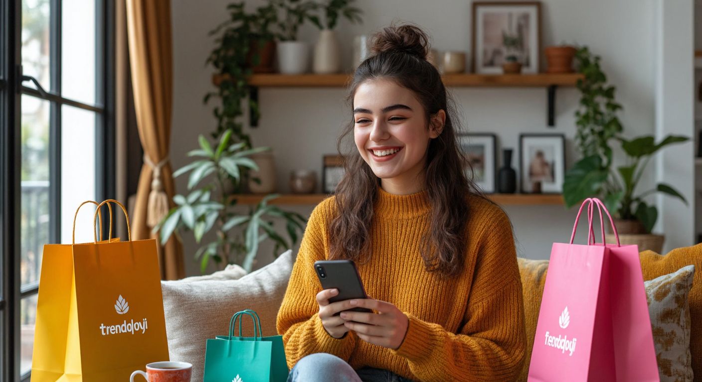 A young woman in a cozy Turkish home smiles while holding her smartphone, with the Trendyol app open on the screen, surrounded by colorful shopping bags and a steaming cup of çay.