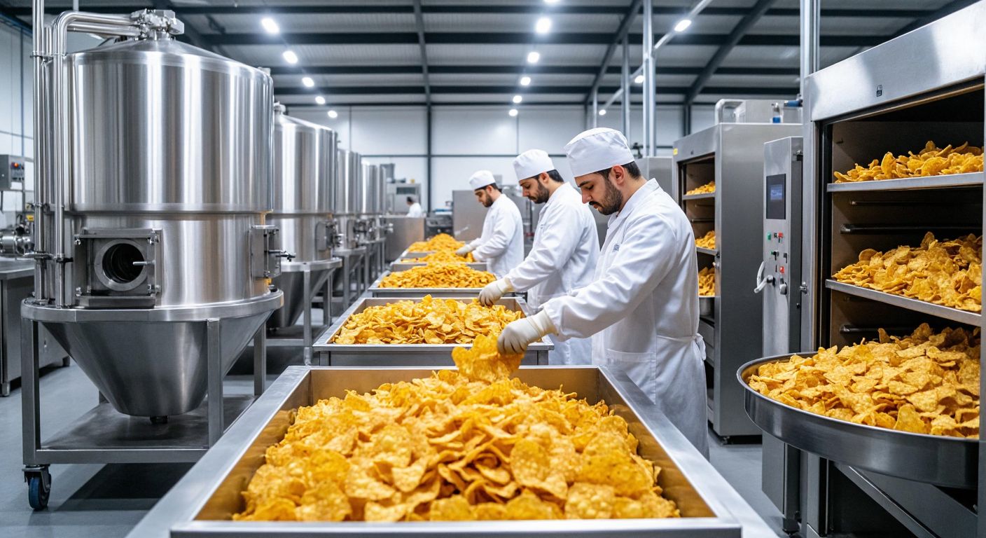 A bustling Turkish factory floor with gleaming stainless steel machines—a spiral feeder whirring, an extruder puffing golden corn chips, and workers in white coats monitoring a drying oven filled with crispy snacks.
