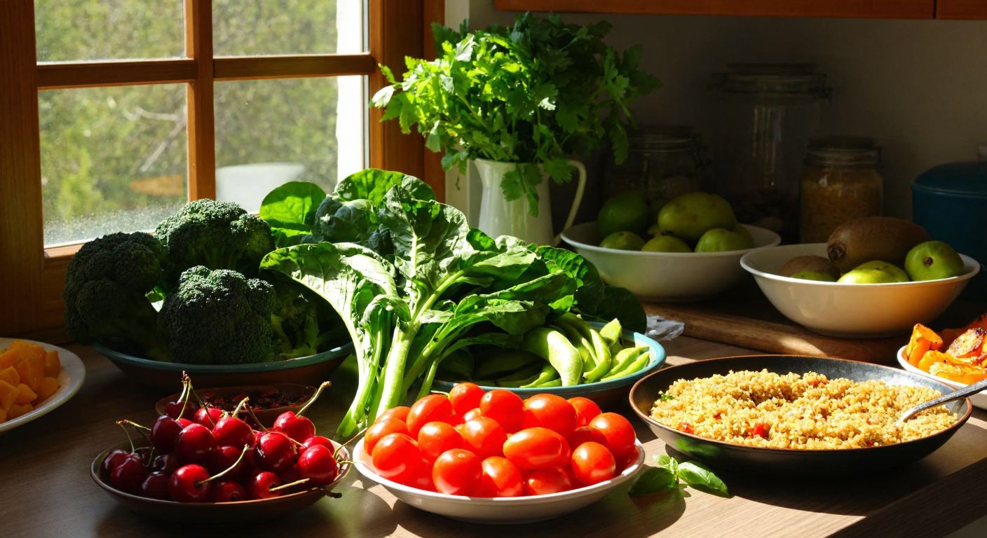 A vibrant Turkish kitchen table laden with fresh vegetables like broccoli, spinach, and tomatoes, alongside fruits such as kiwis and cherries, grilled fish, and a bowl of bulgur, bathed in warm sunlight.