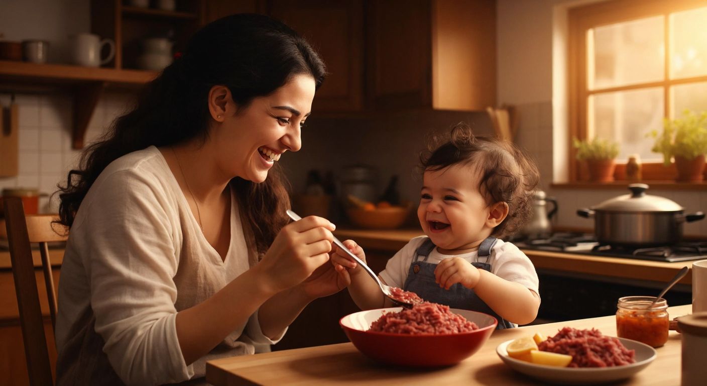 A smiling Turkish mother in a cozy kitchen gently spoon-feeding a giggling baby in a highchair, with a small bowl of finely minced cooked beef and a pot simmering on the stove in the background.