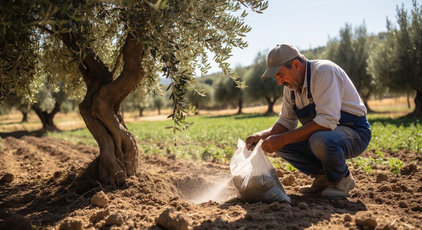 A Turkish farmer in a sunlit olive grove carefully sprinkling fertilizer around the base of a young olive tree while examining its leaves, with a bag of phosphorus-rich fertilizer resting nearby.