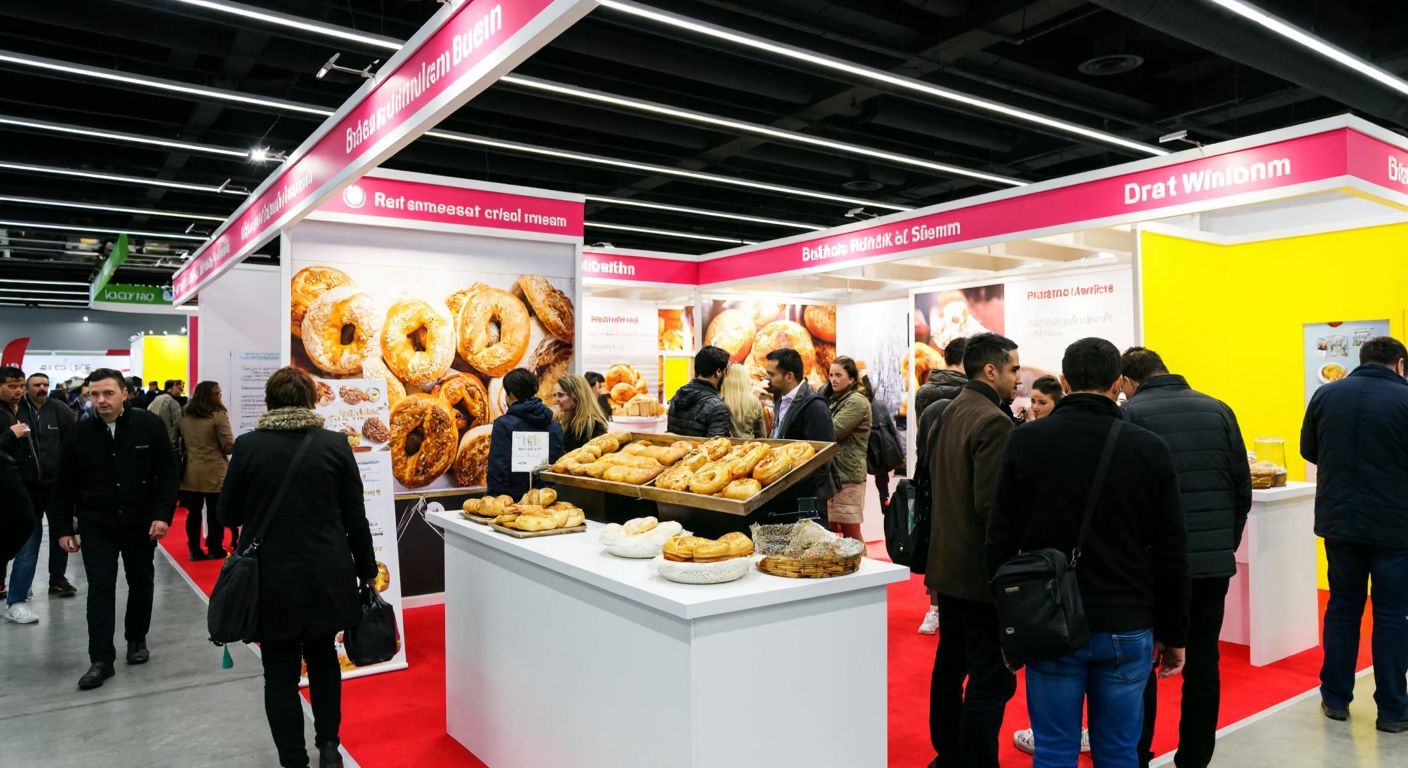 A bustling international food fair with colorful booths displaying freshly baked breads and pastries, set in a modern exhibition hall, featuring diverse attendees sampling Turkish simit, German pretzels, and Chinese bao buns.