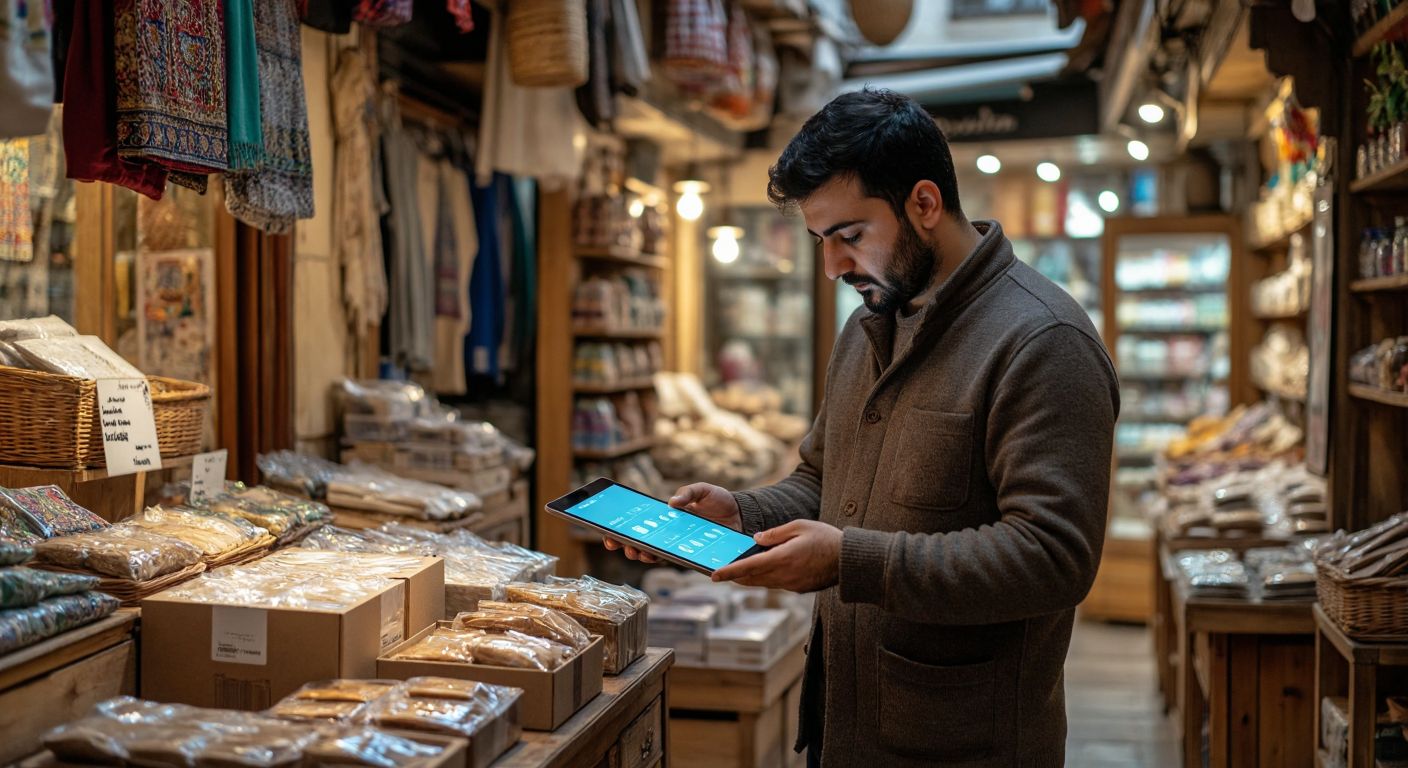 A Turkish shop owner in a cozy bazaar-style store, carefully packaging a returned item while glancing at a glowing tablet screen displaying a Shopify admin panel.
