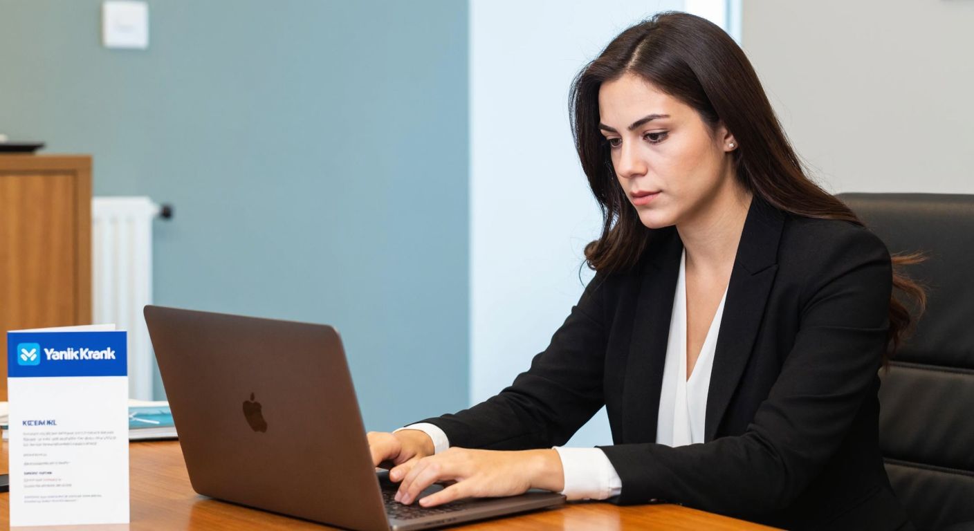 A focused Turkish woman in business attire sits at a wooden desk with a laptop, her expression determined as she types, with a Yapı Kredi bank logo subtly visible on a nearby brochure.