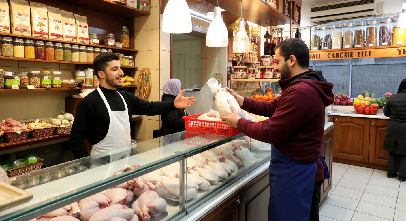 A bustling Turkish poultry shop in Güzeltepe, with fresh chickens displayed behind a glass counter, a vendor in an apron handing a wrapped package to a smiling customer, and shelves lined with spices and local produce in the background.