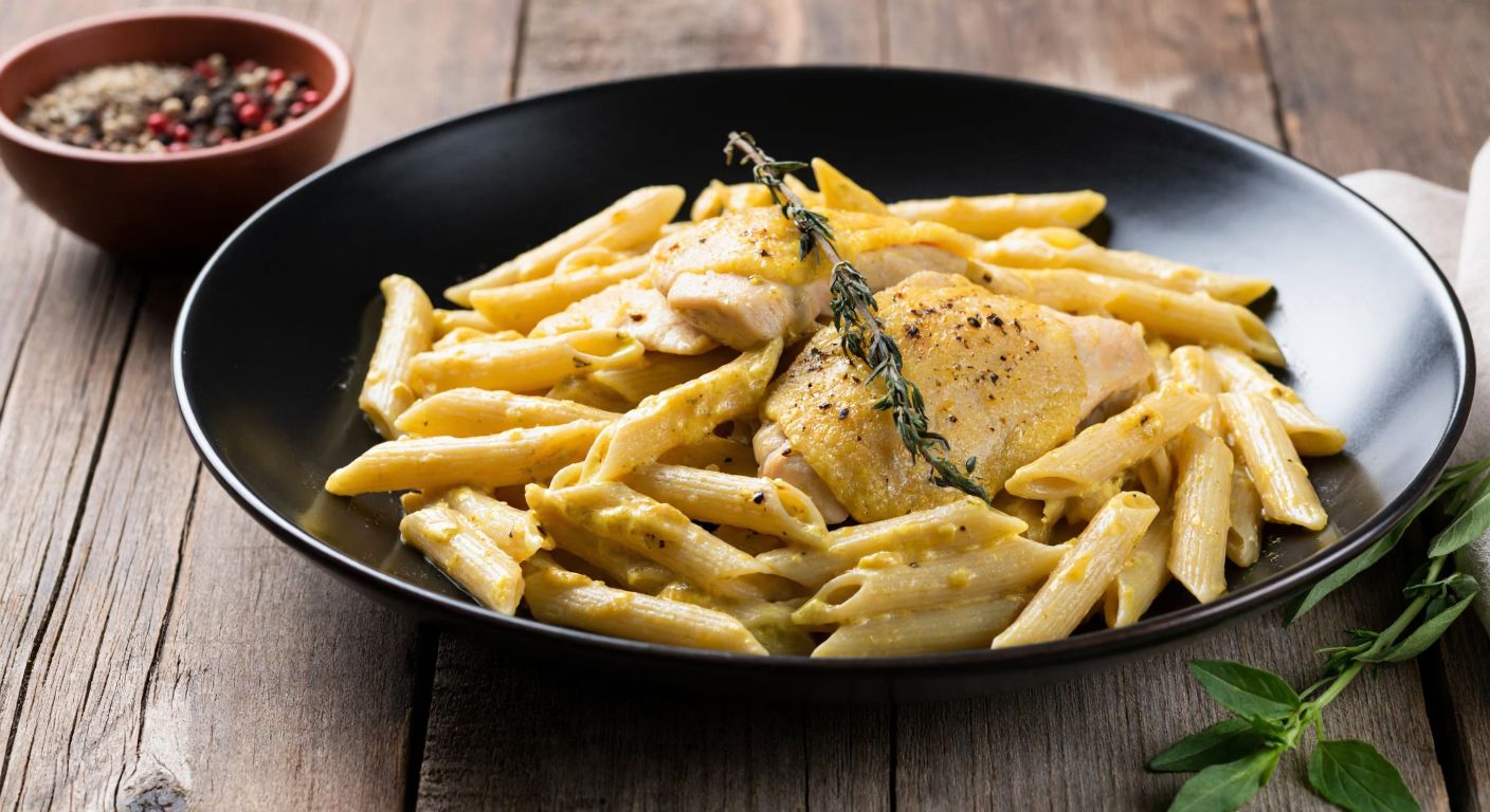 A steaming plate of creamy chicken pasta with golden curry powder, black pepper, and thyme sprinkled on top, set on a rustic wooden table with a Turkish ceramic bowl of mixed spices nearby.