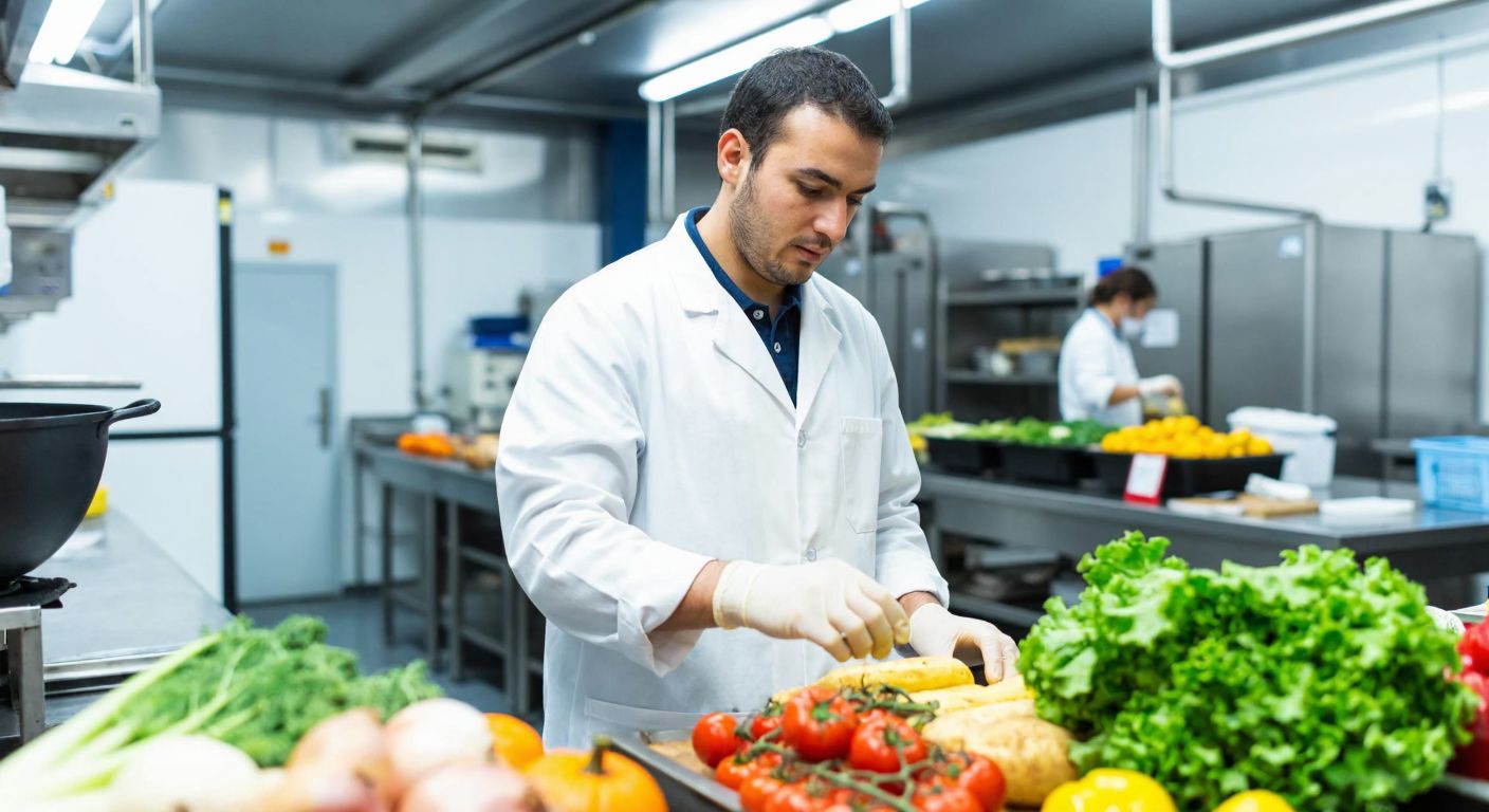 A Turkish food inspector in a white lab coat carefully examines fresh produce in a bustling industrial kitchen, symbolizing the meticulous standards of food safety certifications.