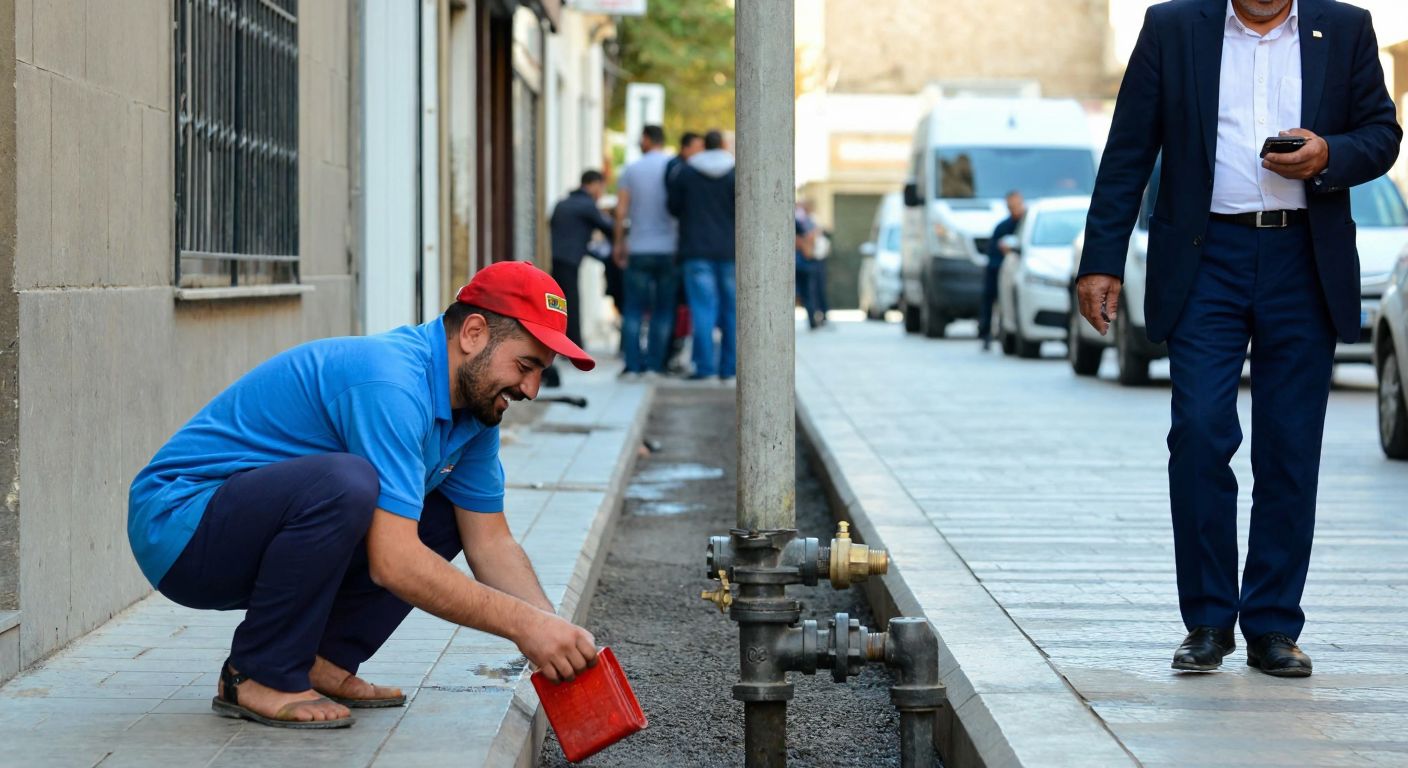 A bustling Gaziantep street with a municipal worker in a blue uniform fixing a water pipe while a smiling elderly man in traditional Turkish attire watches nearby, holding a phone to his ear.