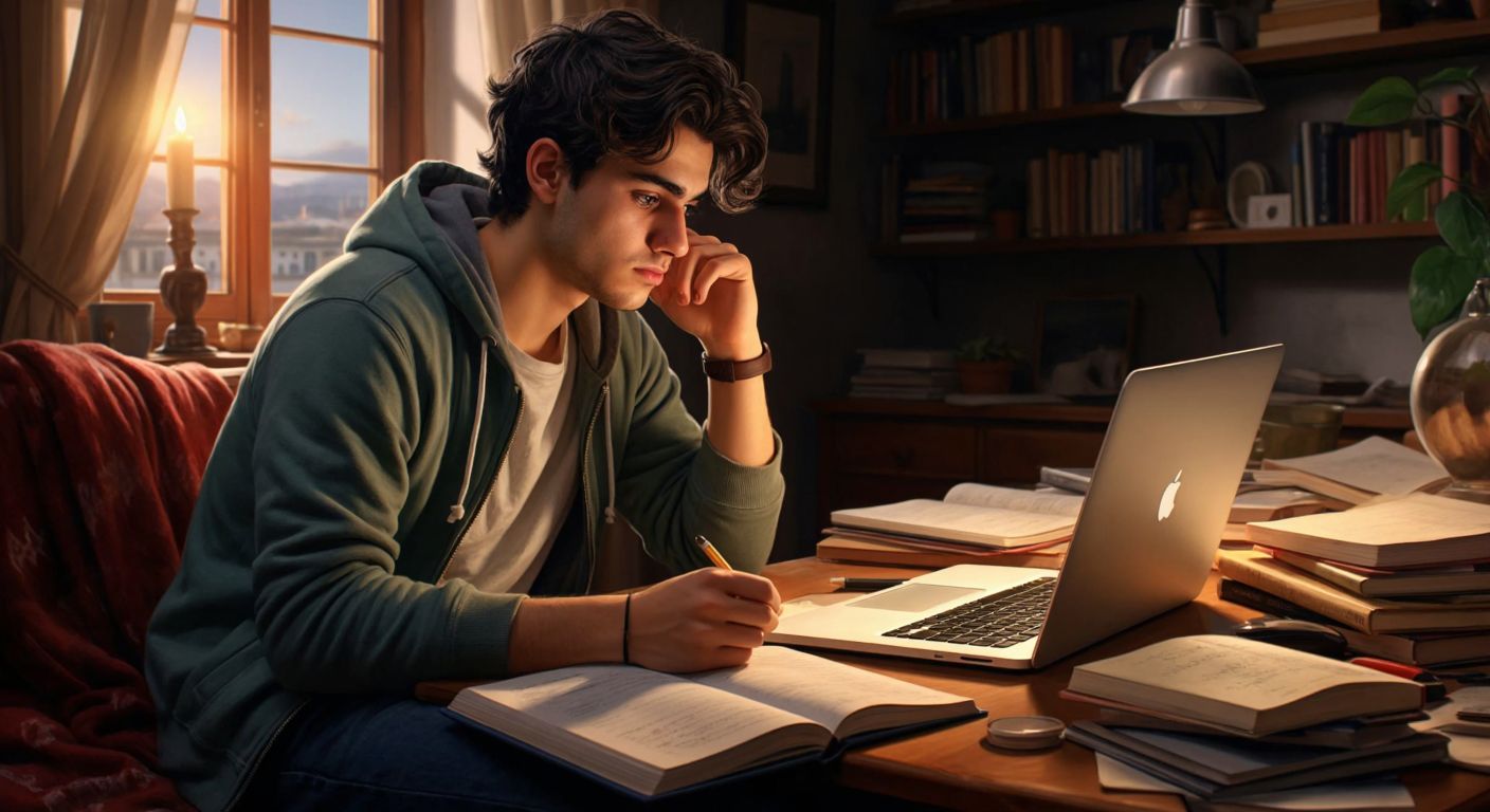 A focused Turkish student in a cozy home setting, surrounded by open notebooks and a laptop, carefully comparing multiple handwritten answers with a thoughtful expression.