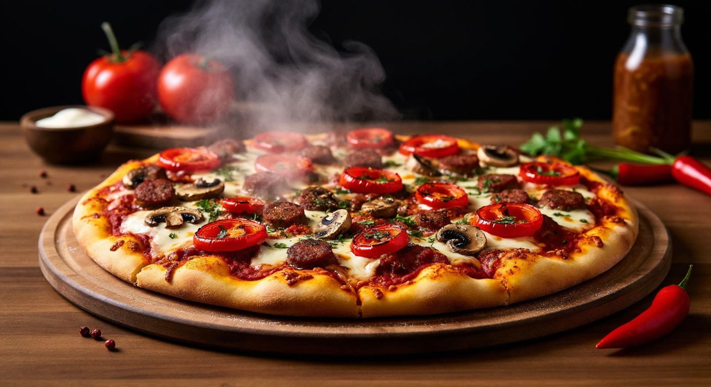 A steaming golden pizza topped with melted mozzarella, diced spicy sausage, roasted red peppers, and mushrooms, evoking the rich flavors of Turkish street food.