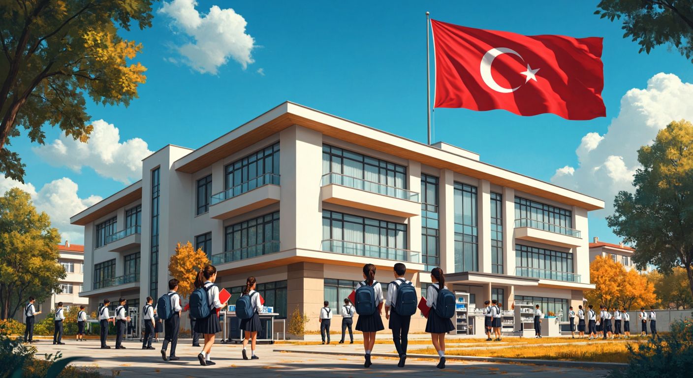 A modern Turkish high school building with students in uniforms carrying science textbooks, surrounded by laboratory equipment and a flag of Turkey waving in the background.