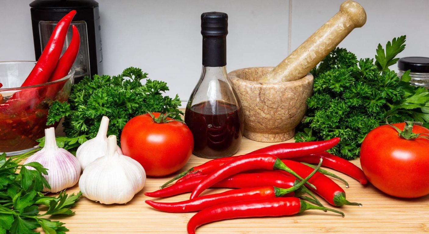 A vibrant kitchen counter in Turkey with fresh red chili peppers, garlic, parsley, tomatoes, and vinegar arranged around a mortar and pestle, evoking the preparation of a spicy homemade sauce.