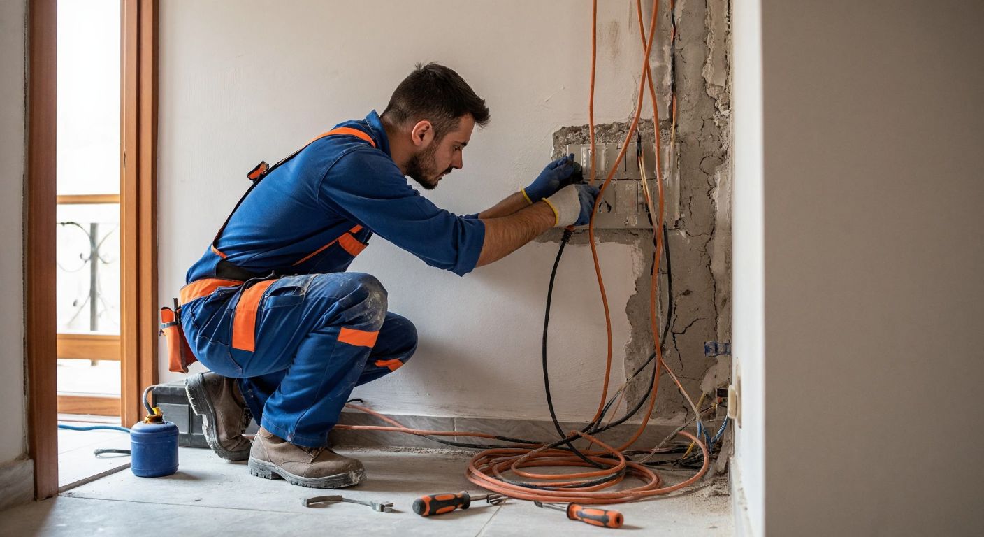 A focused electrician in a blue work uniform carefully installing concealed electrical wiring inside a freshly plastered wall in a Turkish home, with tools like a chisel and cables scattered nearby.