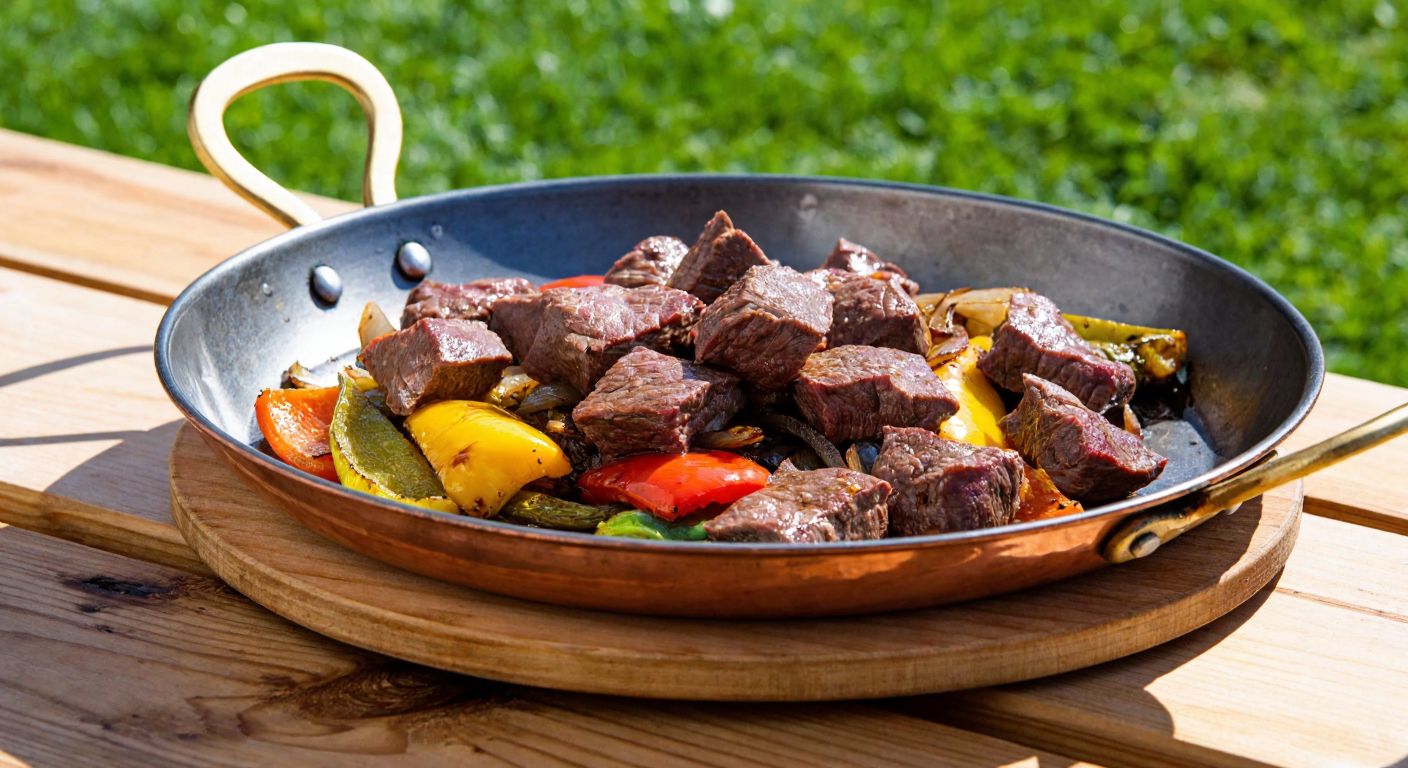 A sizzling copper pan filled with tender chunks of marinated beef (dana eti) and vibrant vegetables, resting on a rustic wooden table in a sunlit Turkish garden.