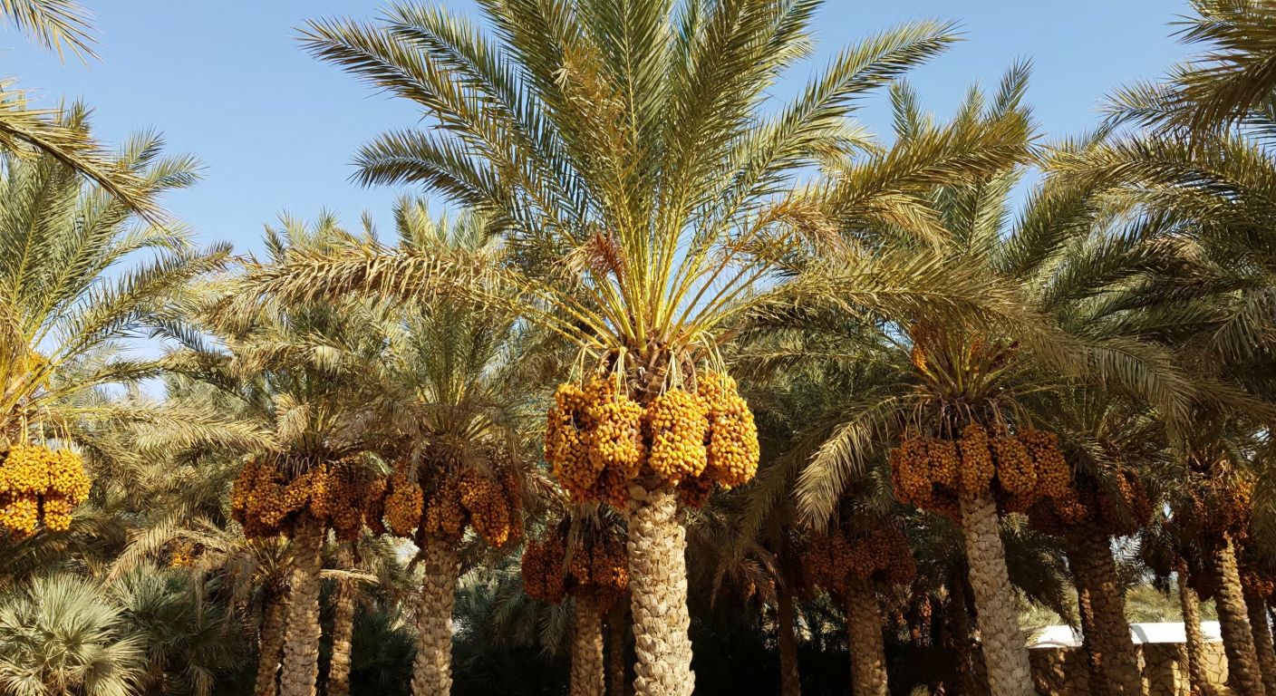 A sunlit oasis in Medina, Saudi Arabia, with lush date palm trees bearing golden Sukkari dates, their branches heavy with ripe fruit under a clear blue sky.