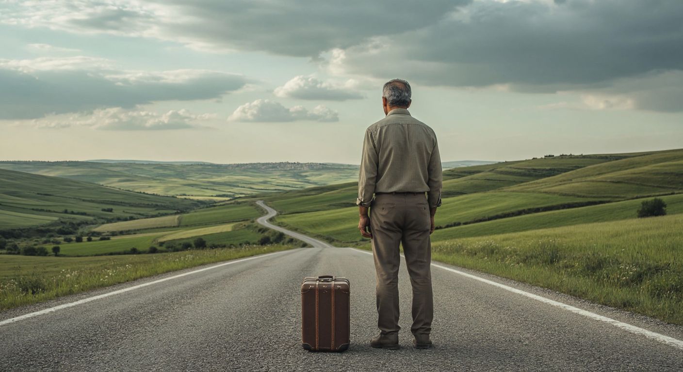 A determined middle-aged Turkish man in a casual shirt and trousers stands beside a winding rural road, gazing at the distant horizon with a mix of exhaustion and resolve, while a small suitcase rests at his feet and rolling green hills stretch behind him.