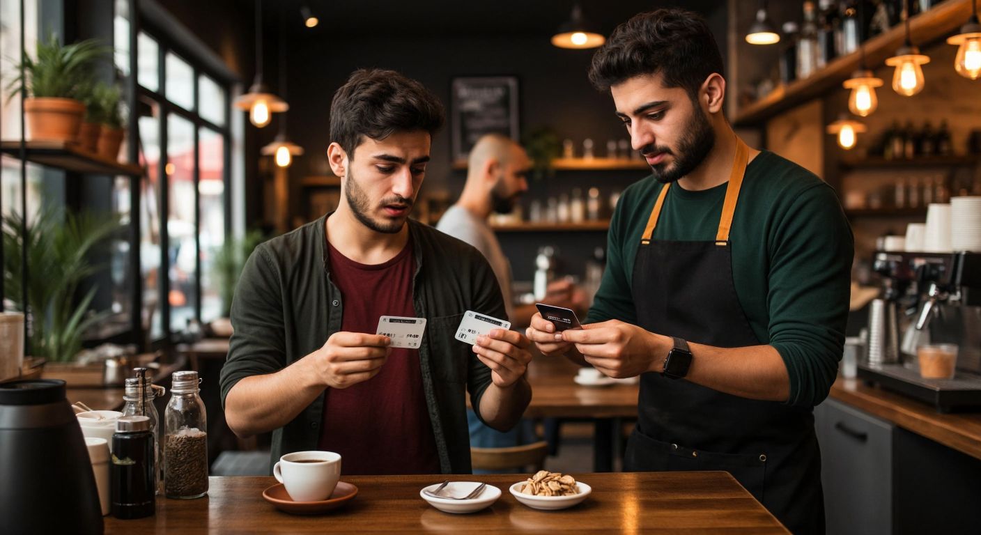 A frustrated Turkish customer in a modern café, holding a declined credit card while a helpful barista gestures toward alternative payment methods like cash or a mobile wallet.