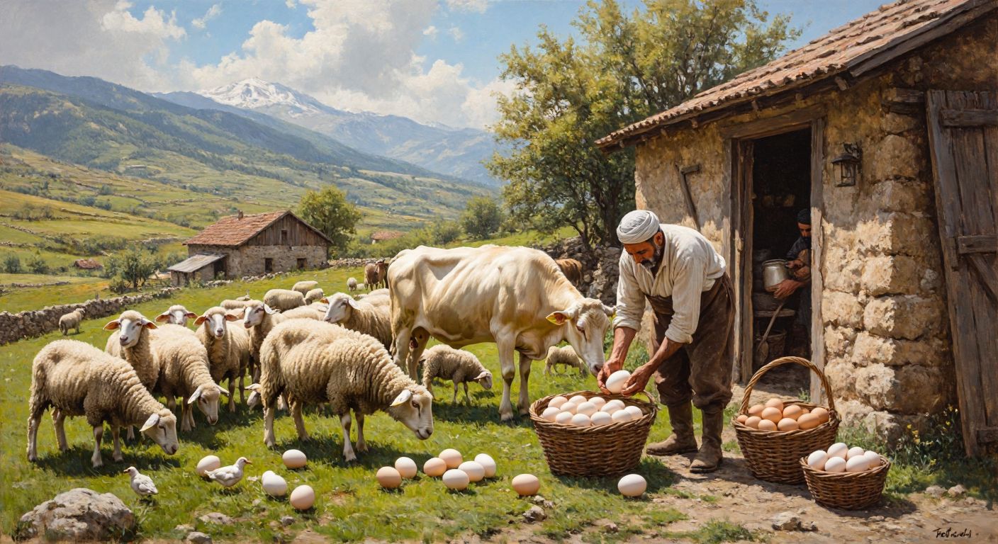 A sunlit Turkish countryside scene with a shepherd tending to a flock of sheep, a farmer milking a cow near a wooden barn, and baskets filled with fresh eggs and dairy products, all conveying a sense of livelihood and nourishment.