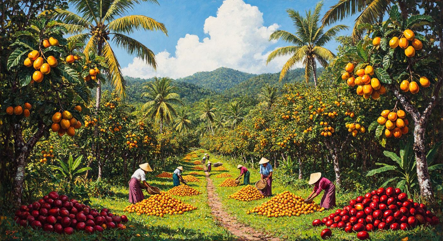 A lush tropical landscape with tall cashew trees bearing vibrant yellow and red fruits under a bright sun, surrounded by workers in wide-brimmed hats harvesting the nuts in a humid, green field.