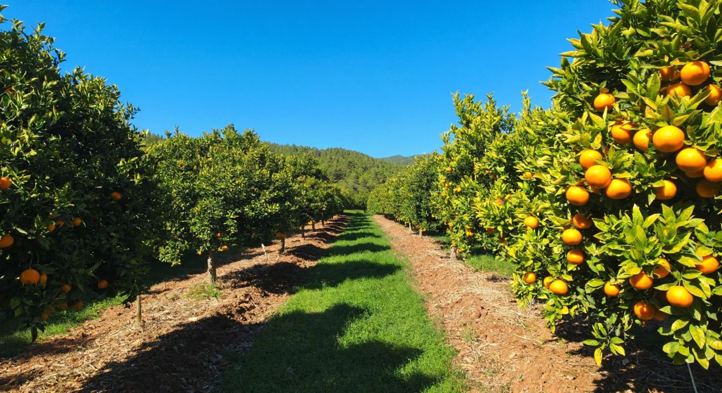 A sunlit orchard in Finike with rows of vibrant orange and mandarin trees, their branches heavy with ripe fruit, under a bright blue sky.