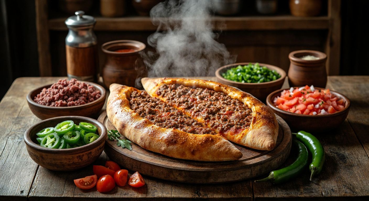 A rustic wooden table in a Turkish kitchen holds a freshly baked *kır pide* with golden-brown crust, surrounded by bowls of lean minced meat, diced onions, chopped green peppers, and grated tomatoes, while steam rises from the warm dish.