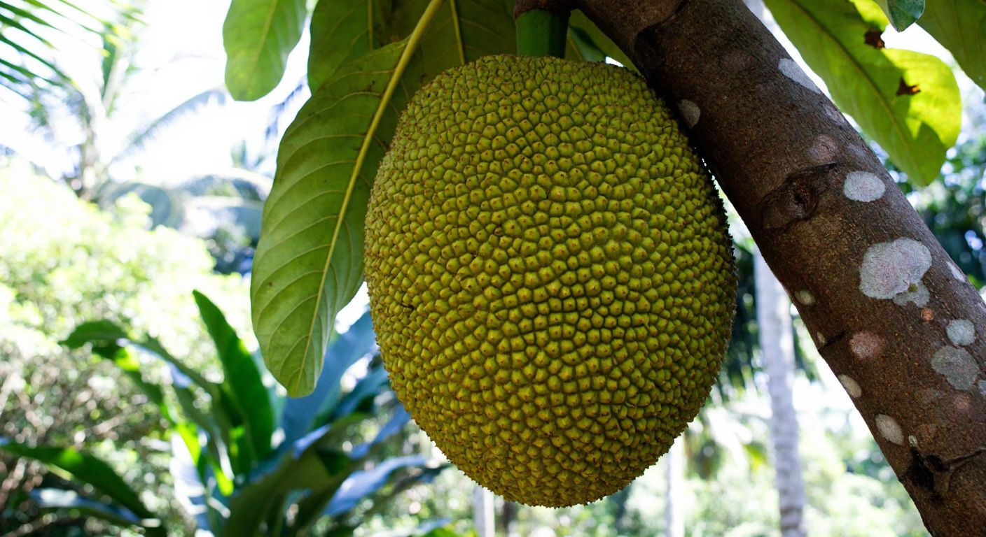 A massive, spiky green jackfruit hangs heavily from a sturdy tree branch, surrounded by lush tropical foliage, with sunlight filtering through the leaves to highlight its textured surface.