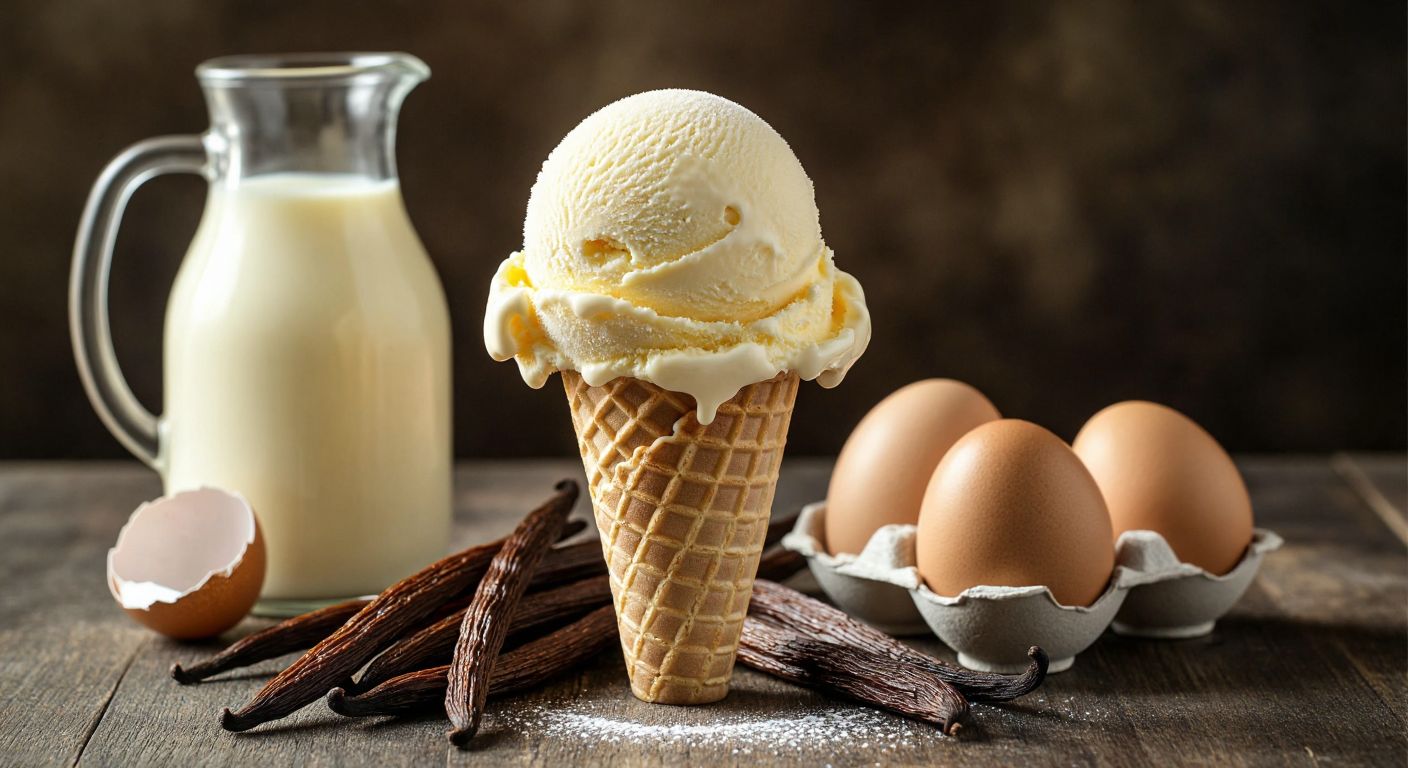 A creamy, golden-yellow scoop of plombir ice cream melting slightly on a waffle cone, surrounded by fresh vanilla pods, cracked eggs, and a pitcher of rich milk, evoking the traditional ingredients of this Russian dessert.