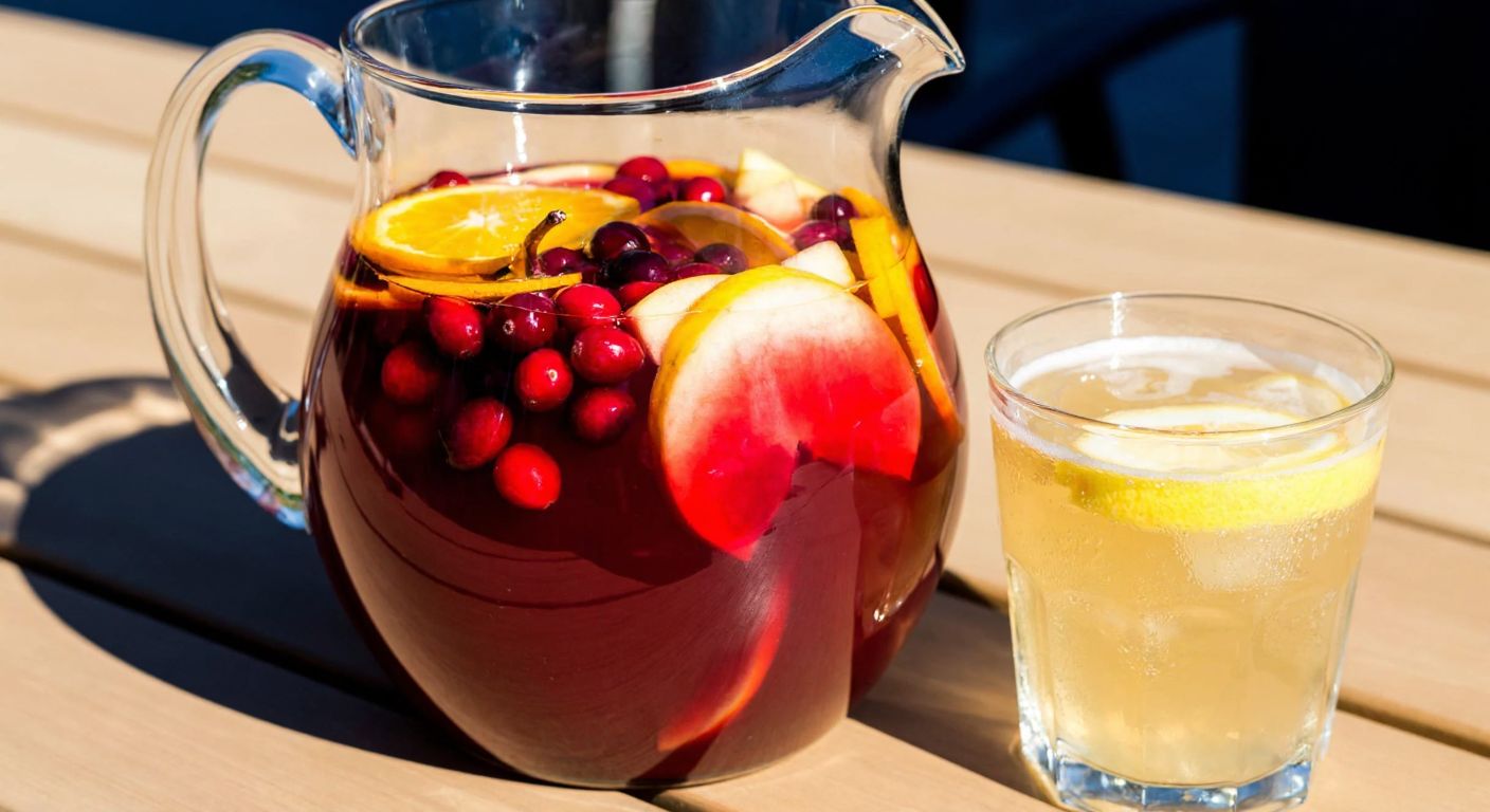 A vibrant glass pitcher filled with ruby-red sangria, brimming with sliced oranges, lemons, apples, and red berries, resting on a sunlit wooden table beside a chilled glass with condensation.