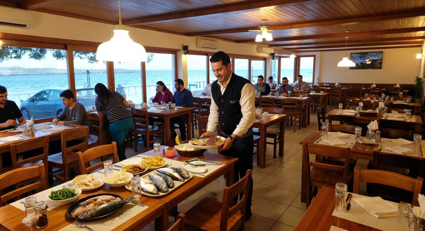A cozy seafood restaurant in Düzce with wooden tables, fresh fish on display, and a warm atmosphere, where a waiter politely shakes their head while serving a tray of non-alcoholic beverages to smiling customers.