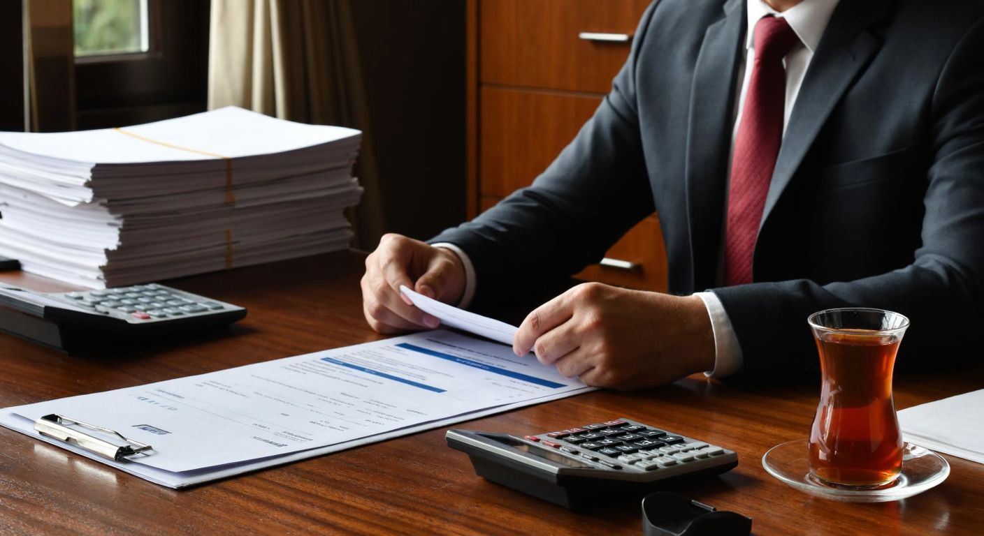 A Turkish businessperson in a formal office setting carefully reviews an export invoice on a wooden desk, surrounded by neatly stacked documents, a calculator, and a steaming cup of Turkish tea.