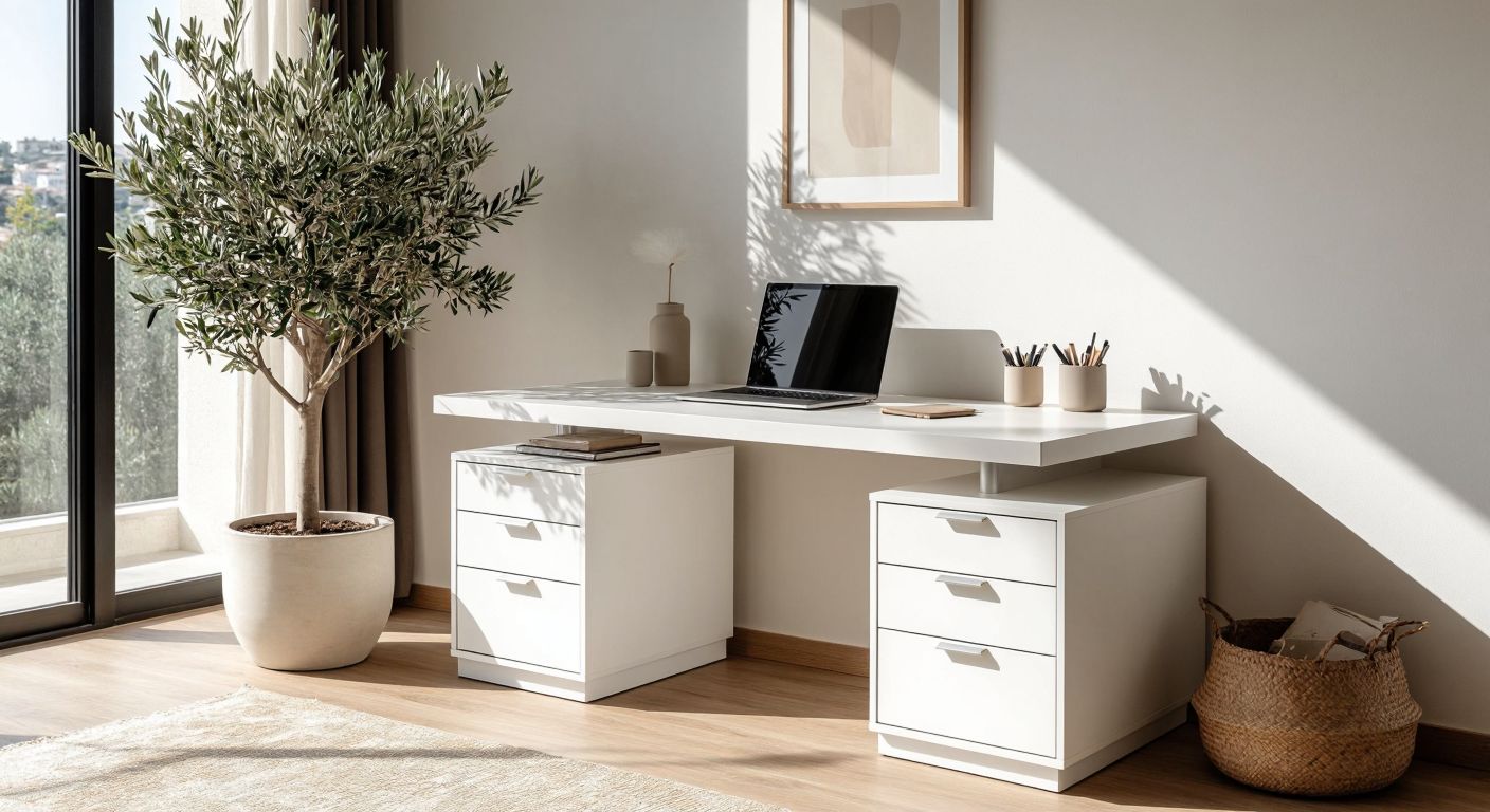 A modern, minimalist white desk with multiple smooth-gliding drawers, placed in a bright Turkish home office with a potted olive tree nearby, conveying practicality and organization.