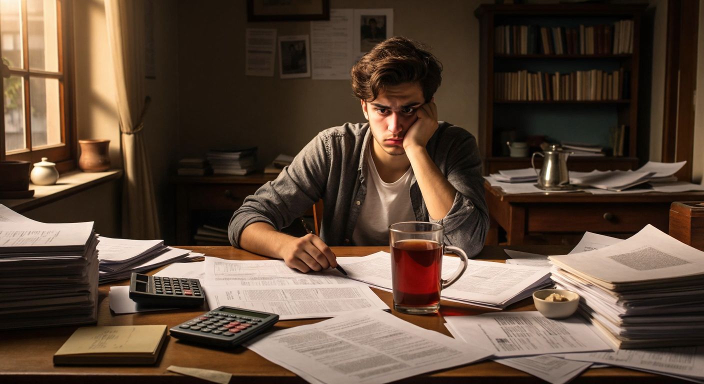 A focused Turkish student sits at a wooden desk surrounded by scattered exam papers, a calculator, and a steaming cup of çay, their brow furrowed in concentration while comparing test scores.