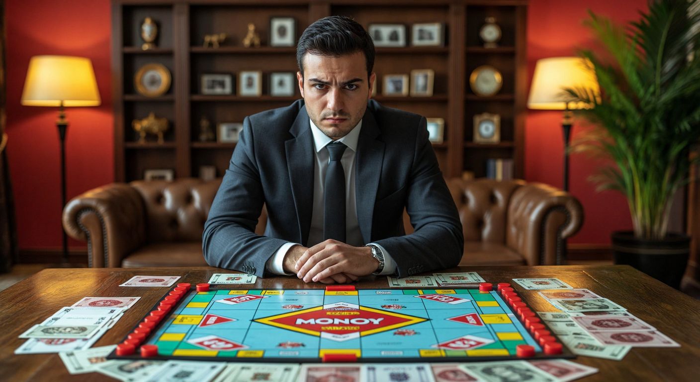 A serious businessman in a suit stands beside a colorful Monopoly board game, with Turkish lira notes and property cards scattered on the table, contrasting economic theory with playful competition.