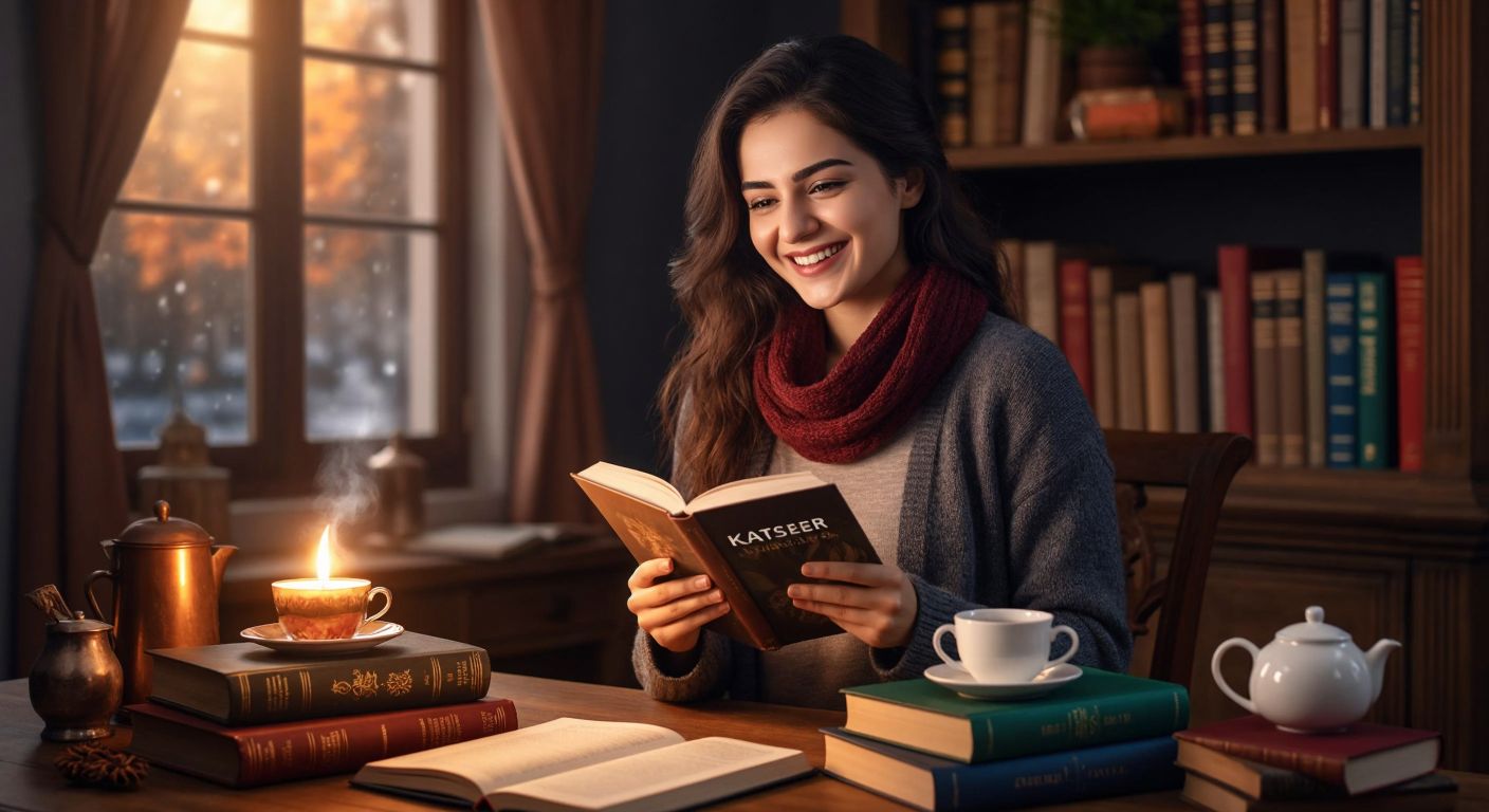 A Turkish woman in a cozy home setting smiles while holding a book from Kitapişler, surrounded by neatly stacked books and a steaming cup of çay, with a laptop displaying a secure payment icon in the background.